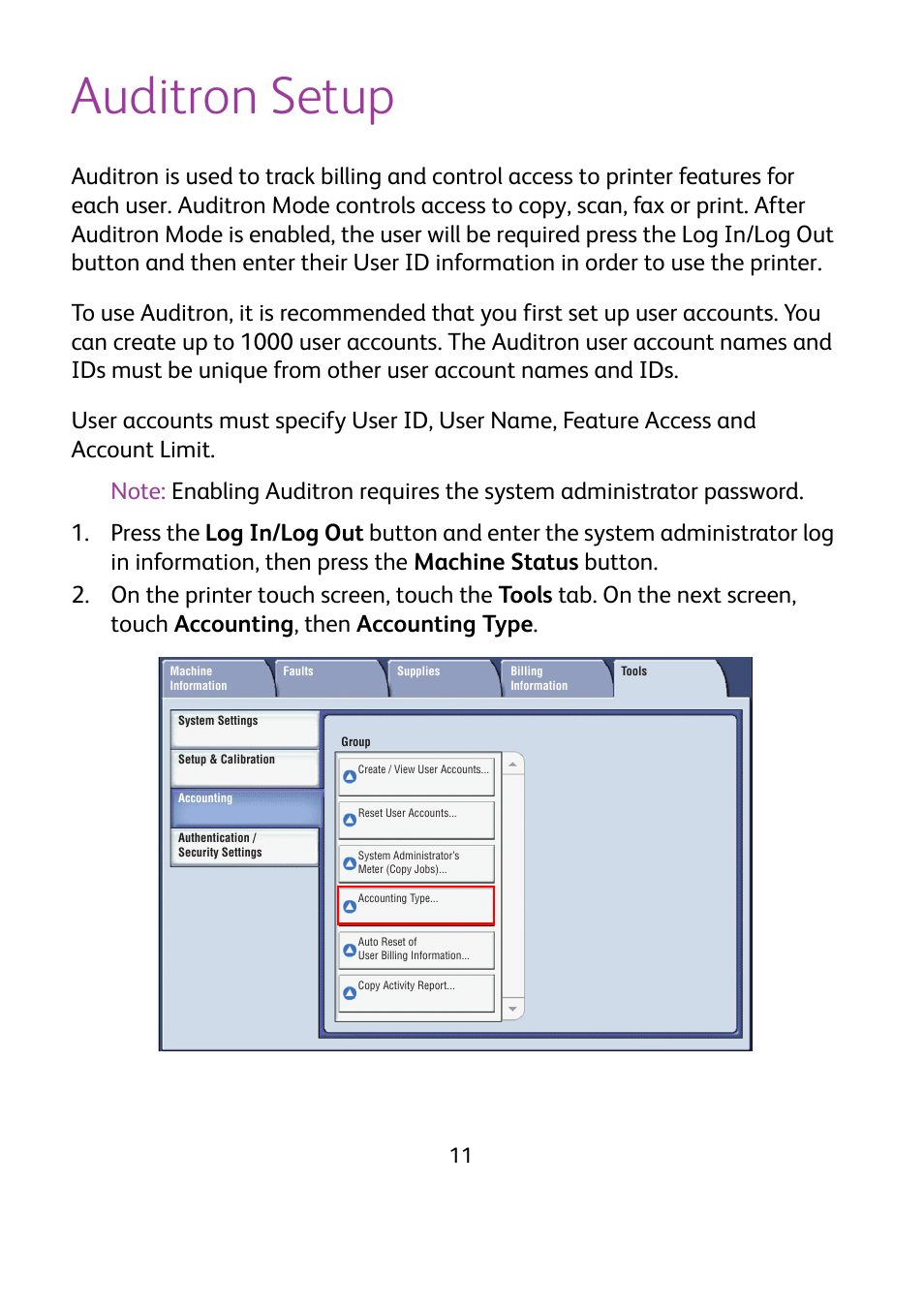 Auditron setup | Xerox WorkCentre 7425-7428-7435 avec built-in controller-12224 User Manual | Page 13 / 88