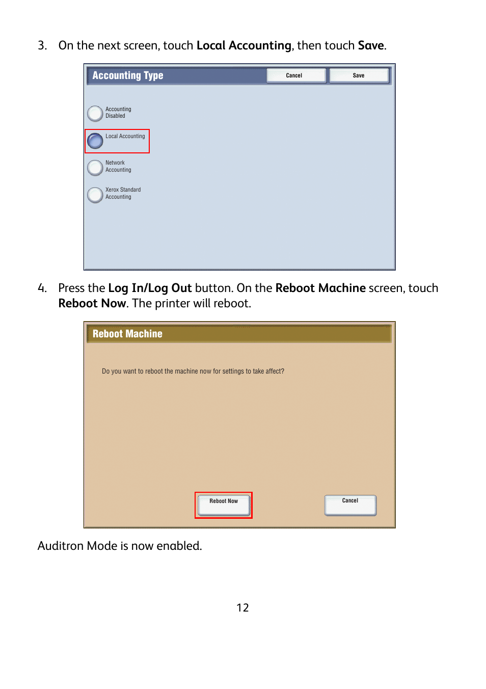 Accounting type, Reboot machine | Xerox WorkCentre 7425-7428-7435 avec built-in controller-12224 User Manual | Page 14 / 88