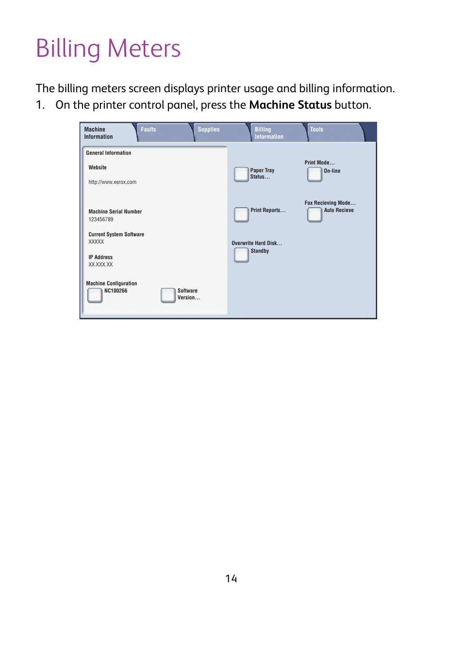 Billing meters | Xerox WorkCentre 7425-7428-7435 avec built-in controller-12224 User Manual | Page 16 / 88