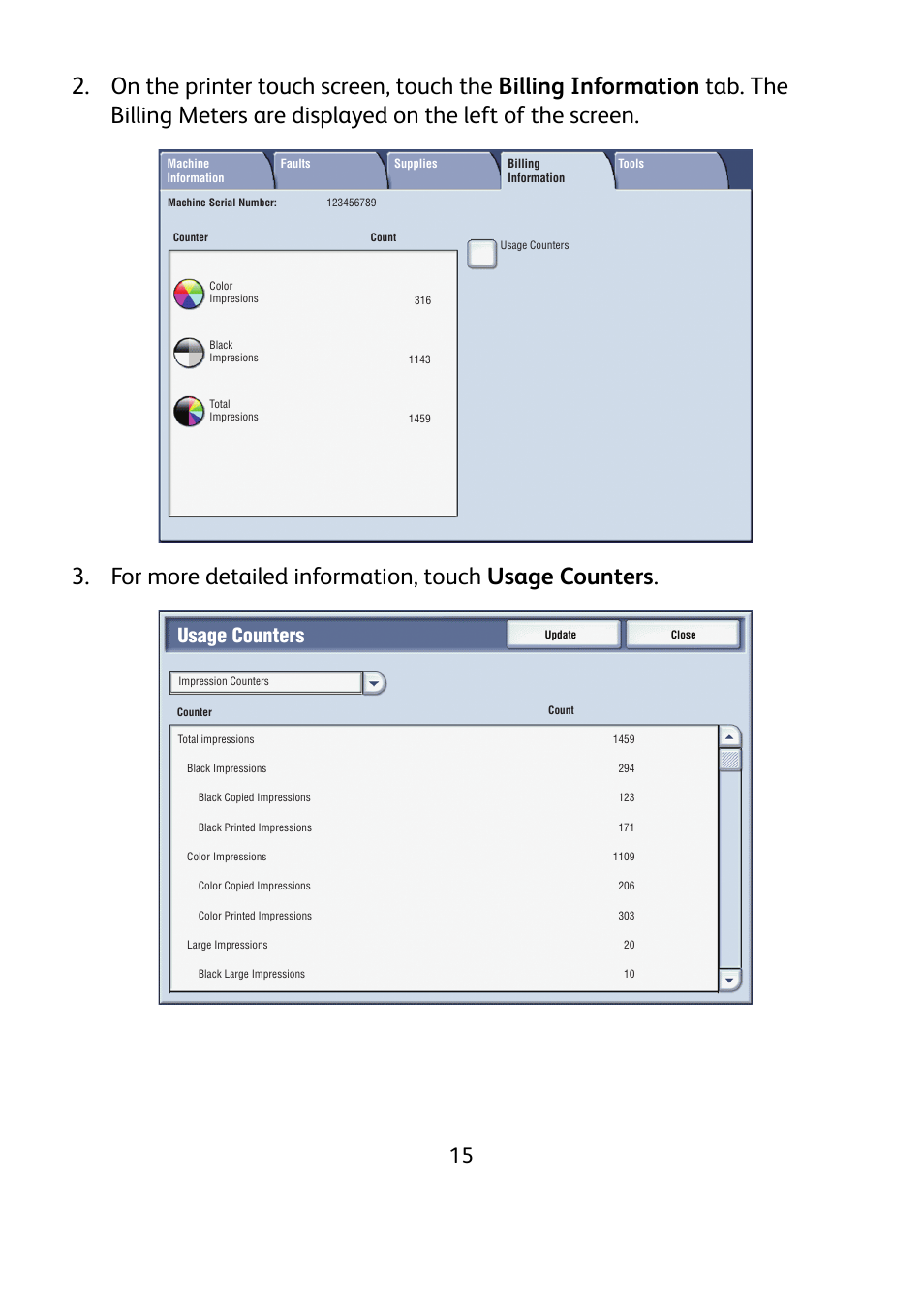 Usage counters | Xerox WorkCentre 7425-7428-7435 avec built-in controller-12224 User Manual | Page 17 / 88