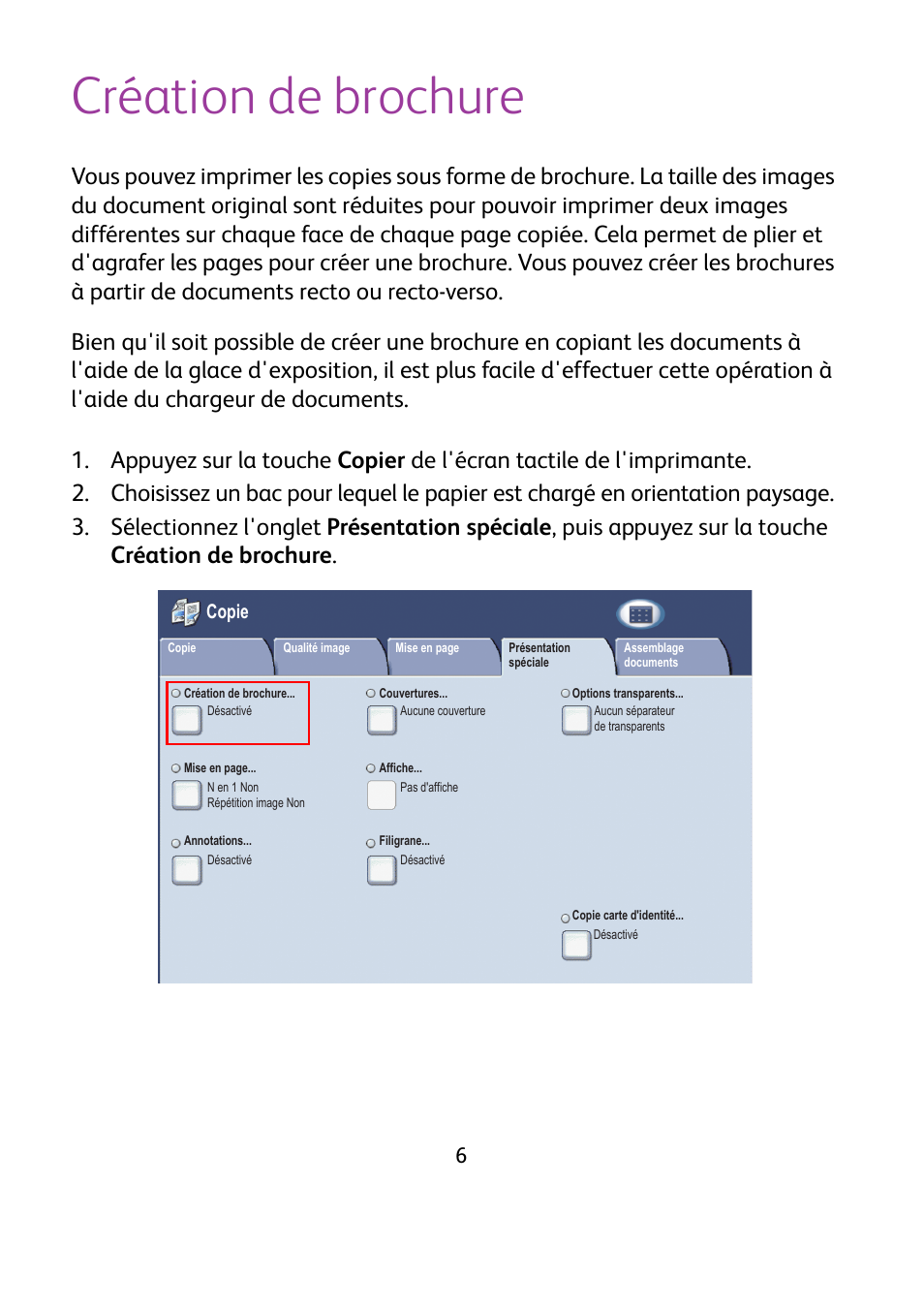 Création de brochure | Xerox WorkCentre 7425-7428-7435 avec built-in controller-12224 User Manual | Page 27 / 88