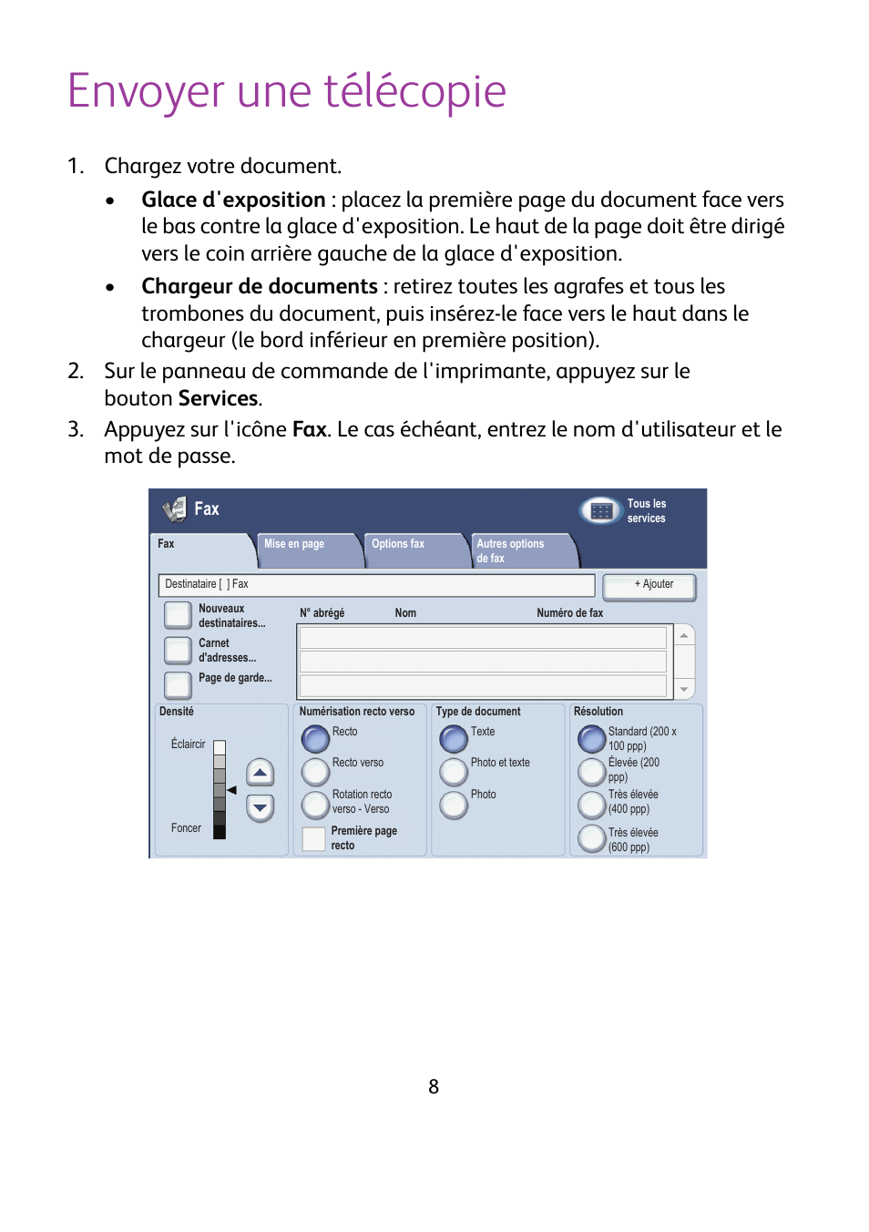 Envoyer une télécopie | Xerox WorkCentre 7425-7428-7435 avec built-in controller-12224 User Manual | Page 29 / 88