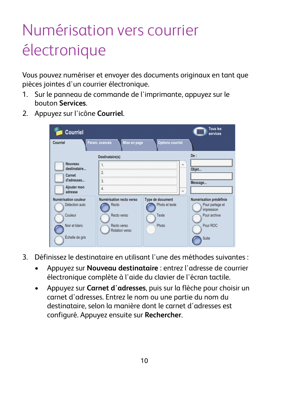 Numérisation vers courrier électronique, Courriel | Xerox WorkCentre 7425-7428-7435 avec built-in controller-12224 User Manual | Page 31 / 88