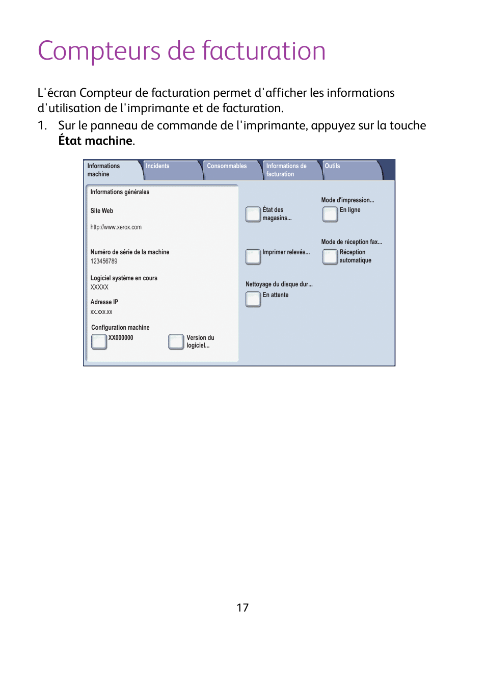 Compteurs de facturation | Xerox WorkCentre 7425-7428-7435 avec built-in controller-12224 User Manual | Page 38 / 88