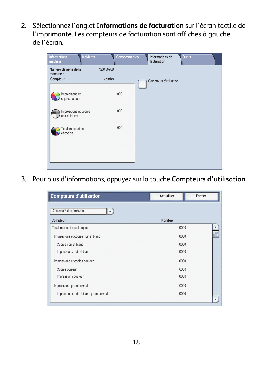 Compteurs d'utilisation | Xerox WorkCentre 7425-7428-7435 avec built-in controller-12224 User Manual | Page 39 / 88