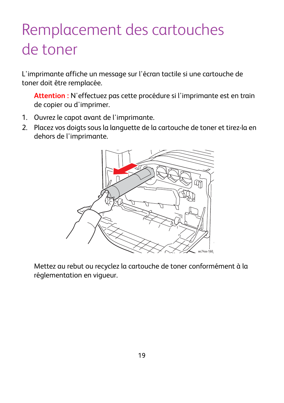 Remplacement des cartouches de toner | Xerox WorkCentre 7425-7428-7435 avec built-in controller-12224 User Manual | Page 40 / 88