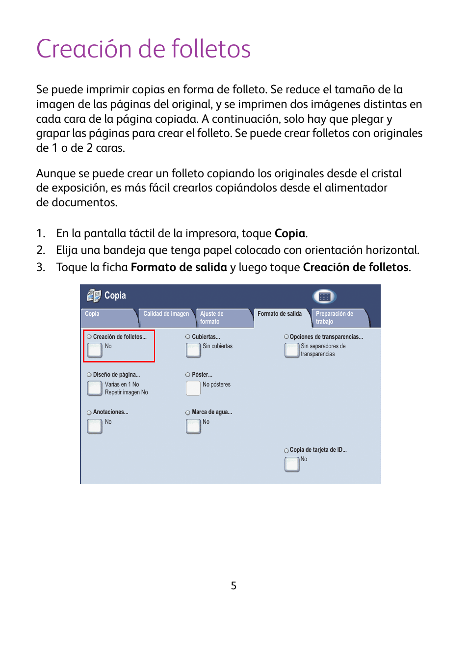 Creación de folletos, Copia | Xerox WorkCentre 7425-7428-7435 avec built-in controller-12224 User Manual | Page 48 / 88