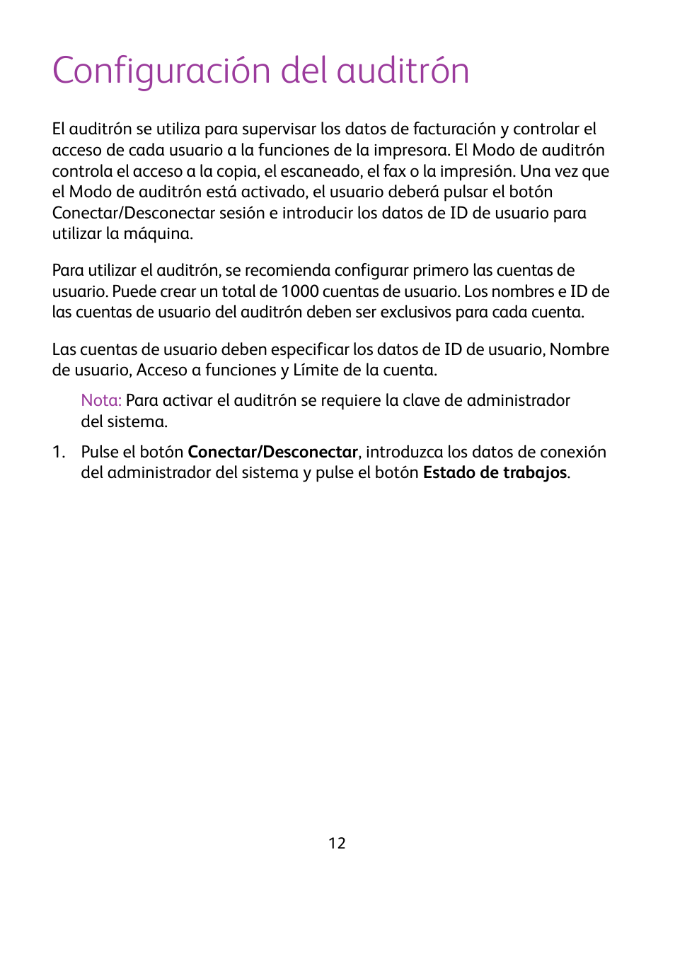 Configuración del auditrón | Xerox WorkCentre 7425-7428-7435 avec built-in controller-12224 User Manual | Page 55 / 88