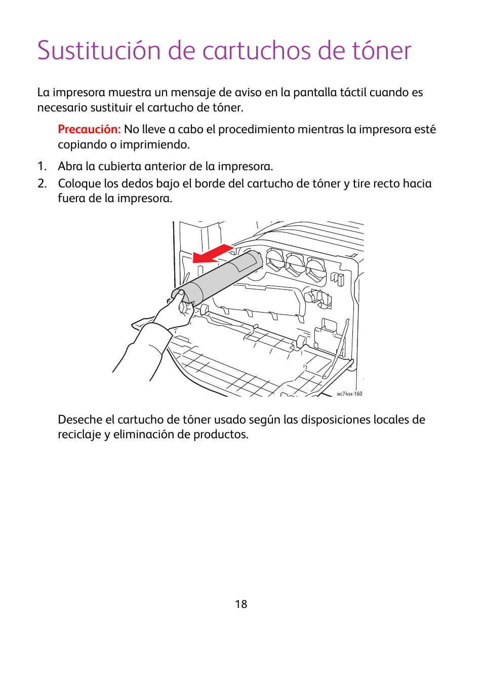 Sustitución de cartuchos de tóner | Xerox WorkCentre 7425-7428-7435 avec built-in controller-12224 User Manual | Page 61 / 88