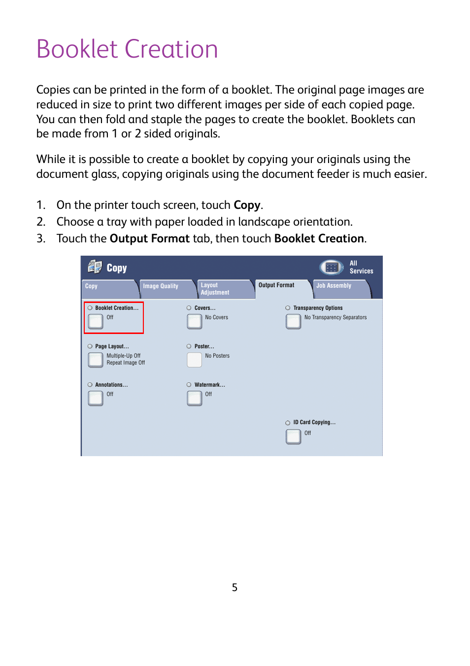 Booklet creation, Copy | Xerox WorkCentre 7425-7428-7435 avec built-in controller-12224 User Manual | Page 7 / 88