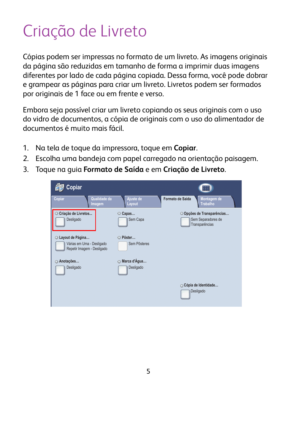 Criação de livreto, Copiar | Xerox WorkCentre 7425-7428-7435 avec built-in controller-12224 User Manual | Page 70 / 88