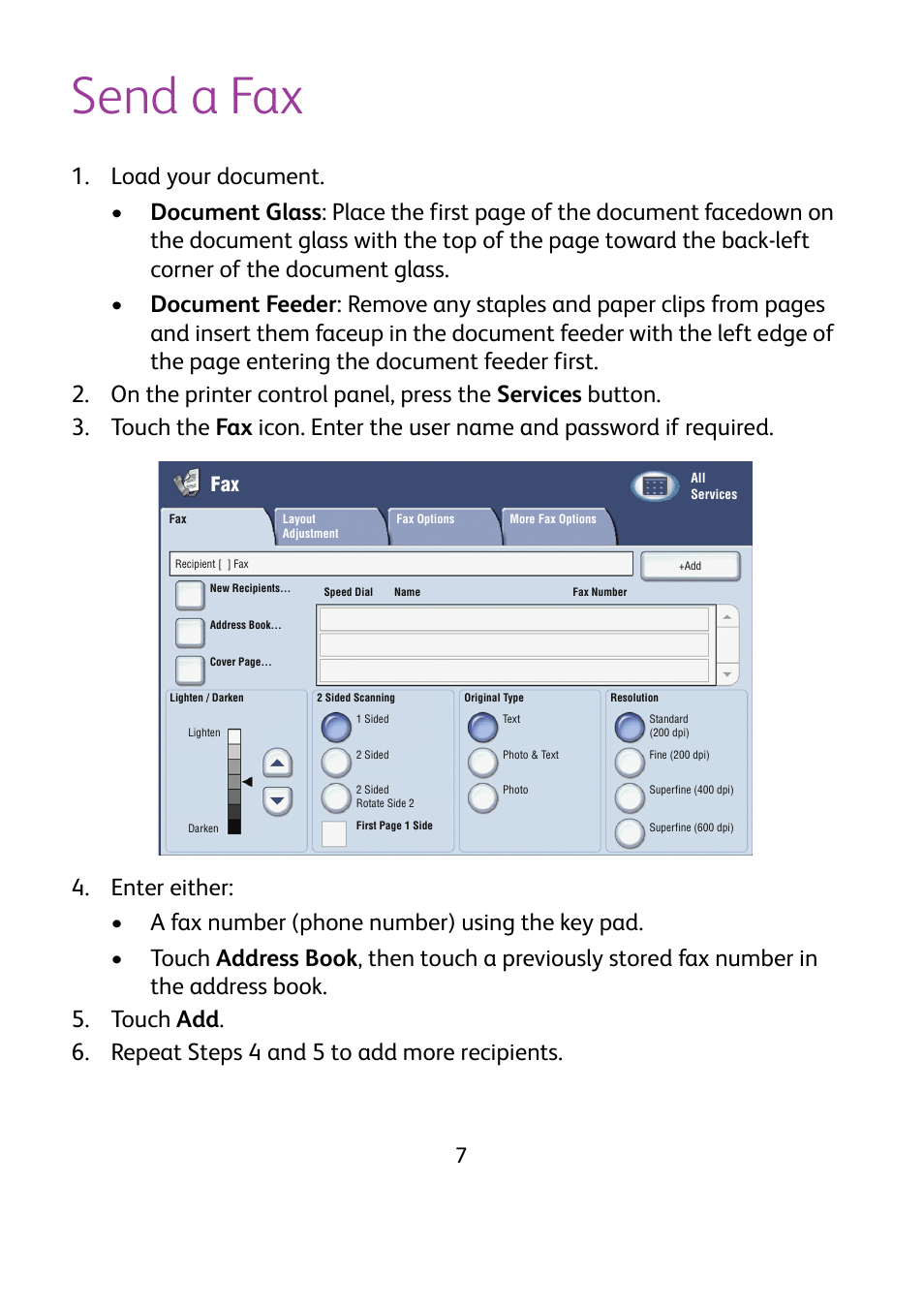 Send a fax | Xerox WorkCentre 7425-7428-7435 avec built-in controller-12224 User Manual | Page 9 / 88