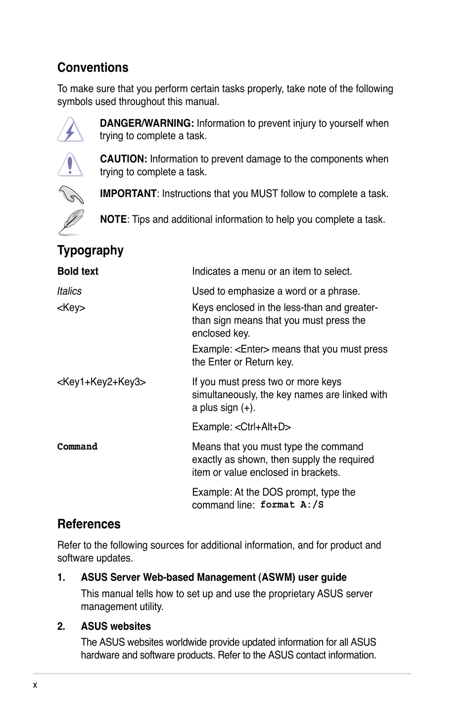 References, Conventions, Typography | Asus Pedestal/5U Rackmount Server TS500-E5 User Manual | Page 10 / 164