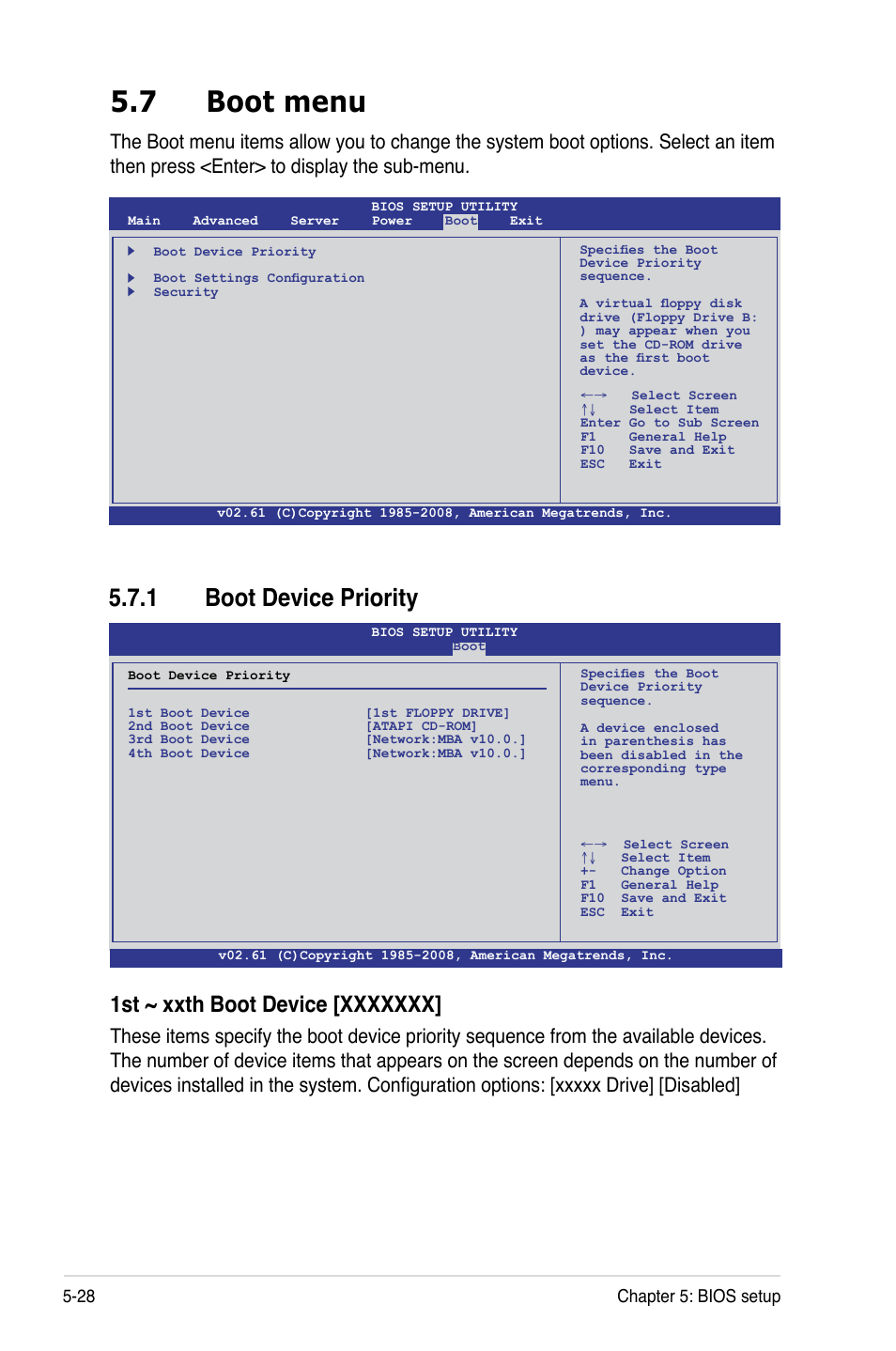 7 boot menu, 1 boot device priority, Boot menu -28 5.7.1 | Boot device priority -28 | Asus Pedestal/5U Rackmount Server TS500-E5 User Manual | Page 100 / 164