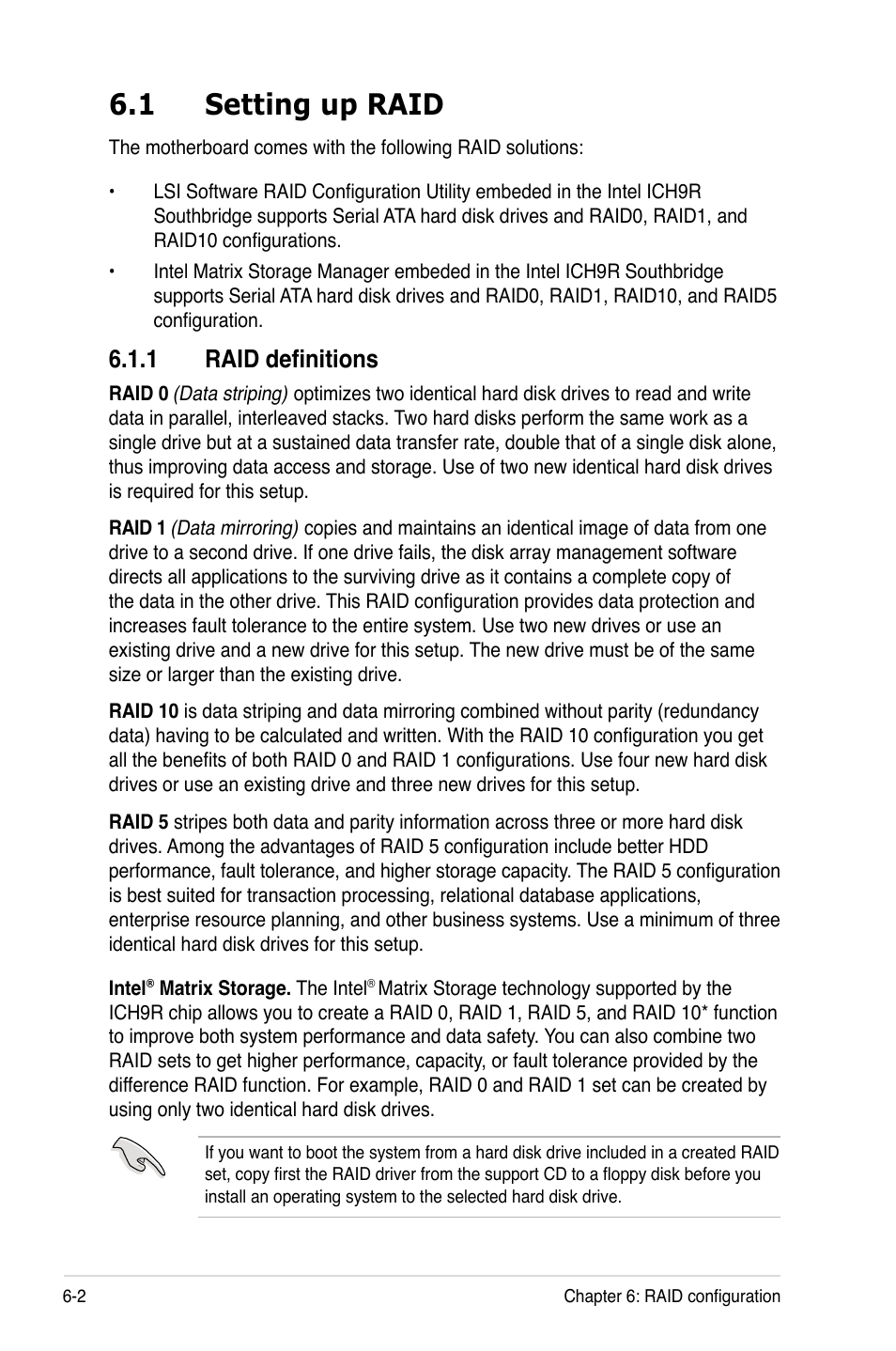 1 setting up raid, 1 raid definitions, Setting up raid -2 6.1.1 | Raid definitions -2 | Asus Pedestal/5U Rackmount Server TS500-E5 User Manual | Page 106 / 164