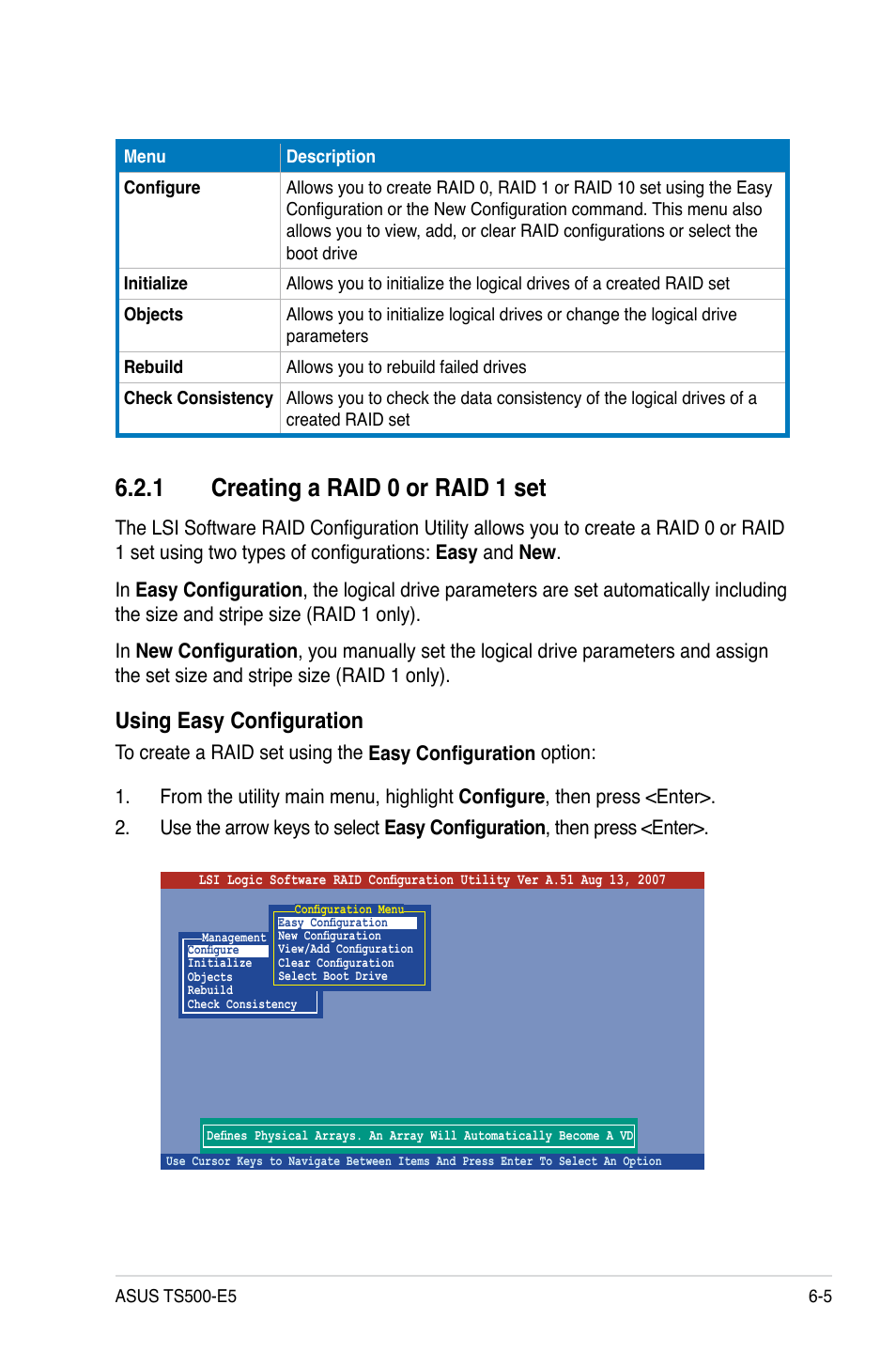 1 creating a raid 0 or raid 1 set, Creating a raid 0 or raid 1 set -5, Using easy configuration | Asus Pedestal/5U Rackmount Server TS500-E5 User Manual | Page 109 / 164