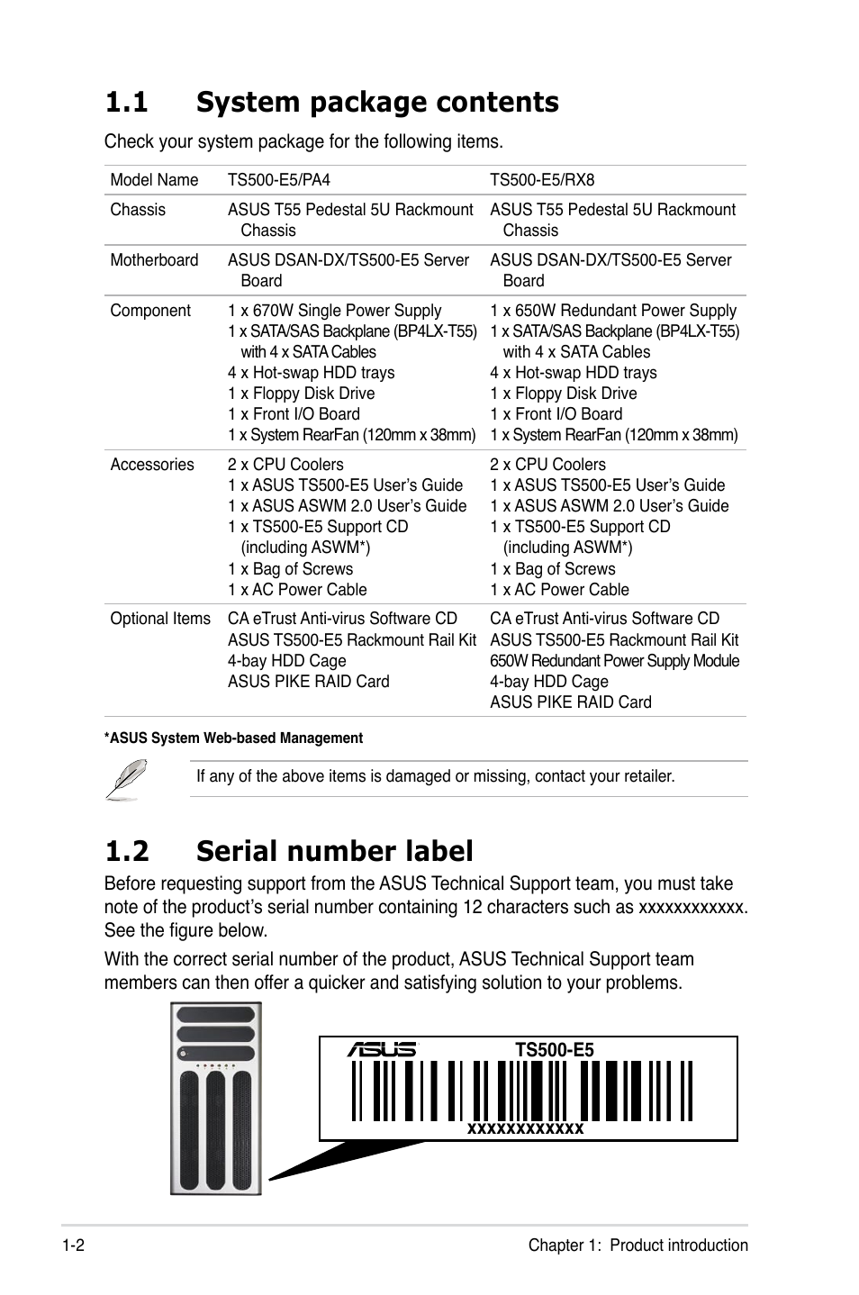 1 system package contents, 2 serial number label, System package contents -2 | Serial number label -2 | Asus Pedestal/5U Rackmount Server TS500-E5 User Manual | Page 12 / 164