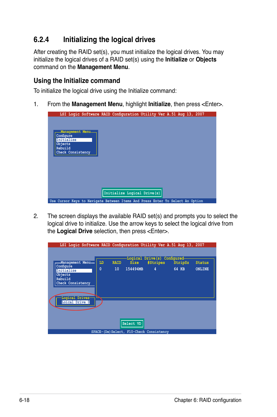 4 initializing the logical drives, Initializing the logical drives -18, Using the initialize command | Asus Pedestal/5U Rackmount Server TS500-E5 User Manual | Page 122 / 164