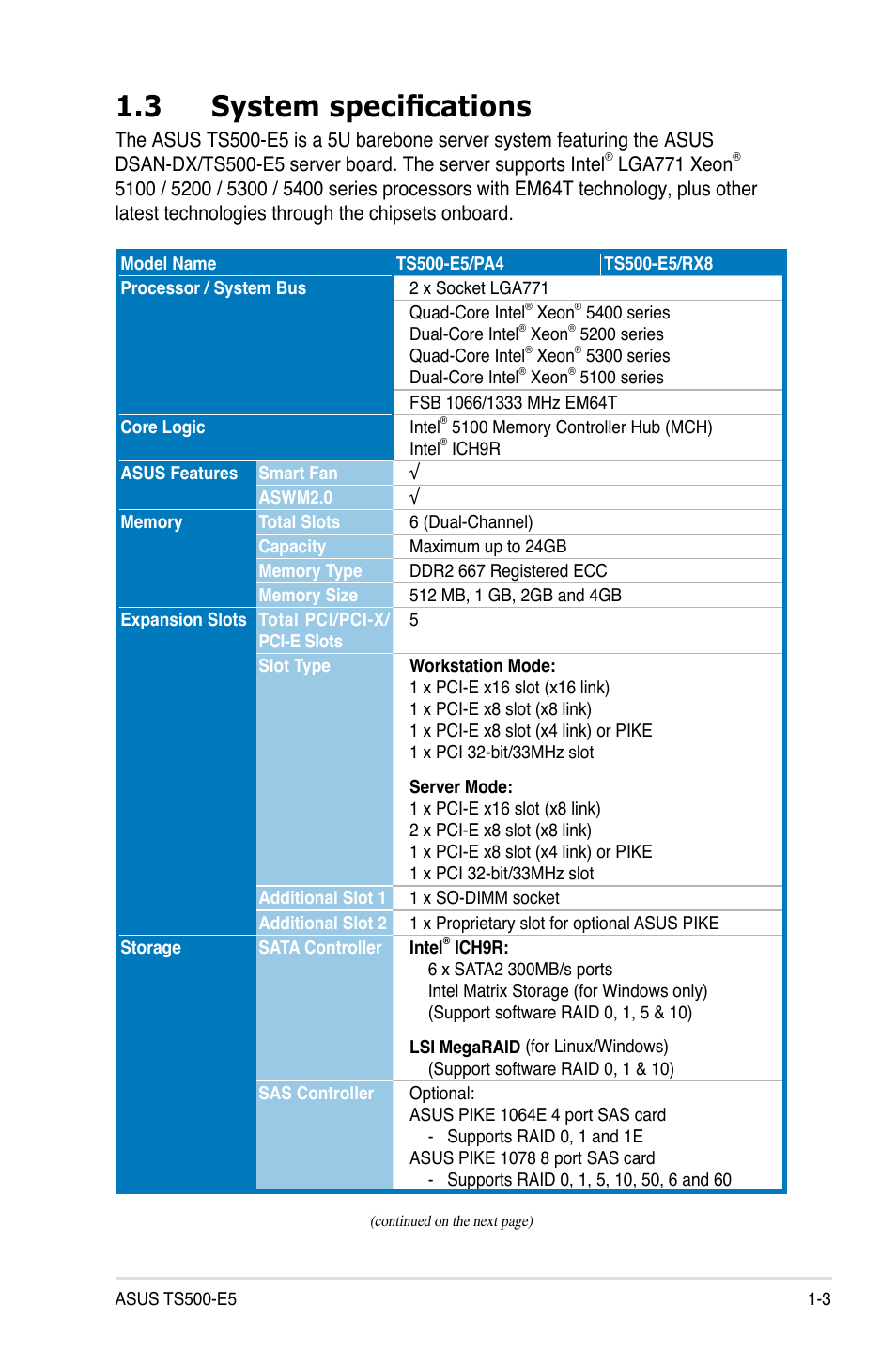 3 system specifications, System specifications -3 | Asus Pedestal/5U Rackmount Server TS500-E5 User Manual | Page 13 / 164