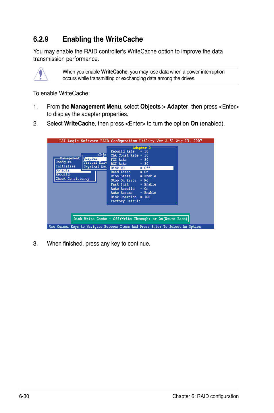 9 enabling the writecache, Enabling the writecache -30 | Asus Pedestal/5U Rackmount Server TS500-E5 User Manual | Page 134 / 164