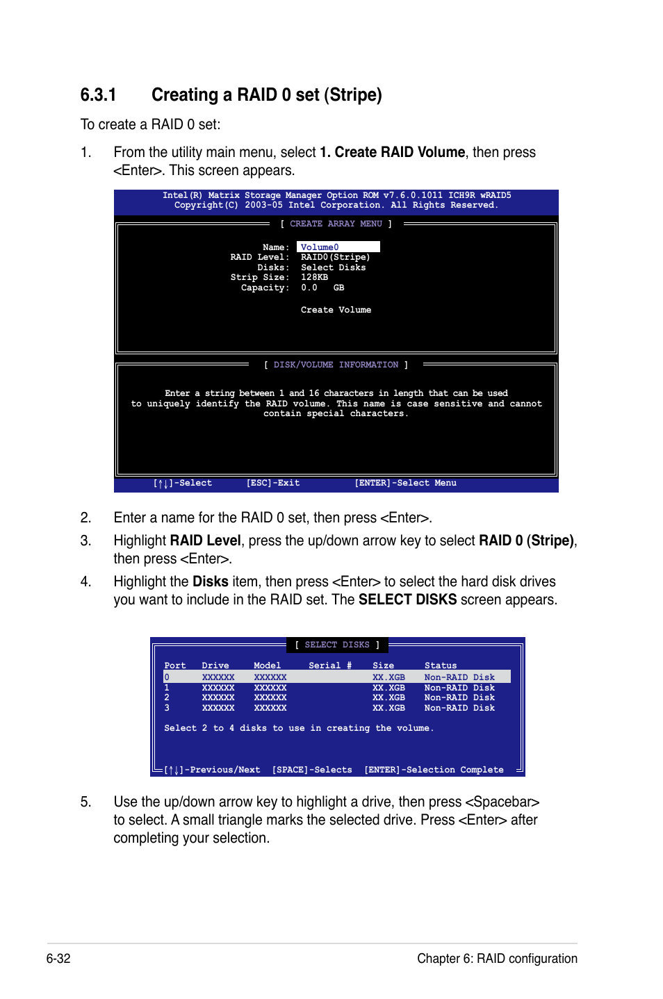 1 creating a raid 0 set (stripe), Creating a raid 0 set (stripe) -32, 32 chapter 6: raid configuration | Asus Pedestal/5U Rackmount Server TS500-E5 User Manual | Page 136 / 164