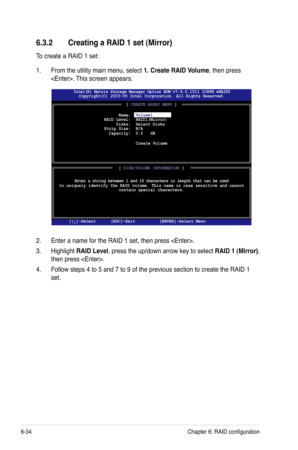 2 creating a raid 1 set (mirror), Creating a raid 1 set (mirror) -34 | Asus Pedestal/5U Rackmount Server TS500-E5 User Manual | Page 138 / 164