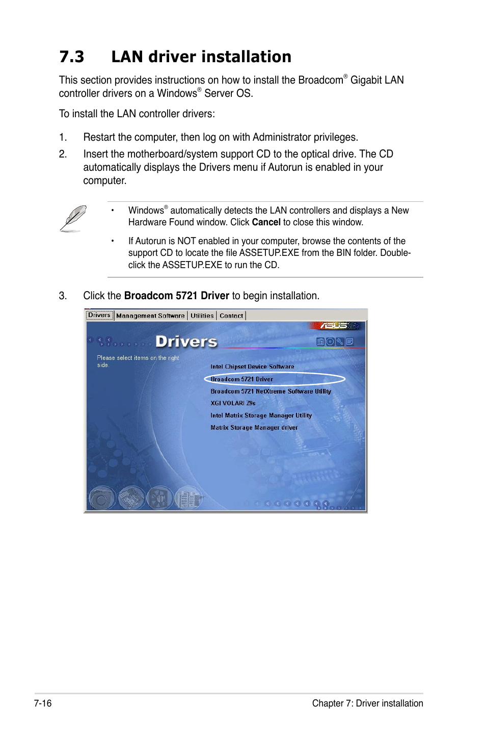 3 lan driver installation, Lan driver installation -16 | Asus Pedestal/5U Rackmount Server TS500-E5 User Manual | Page 158 / 164