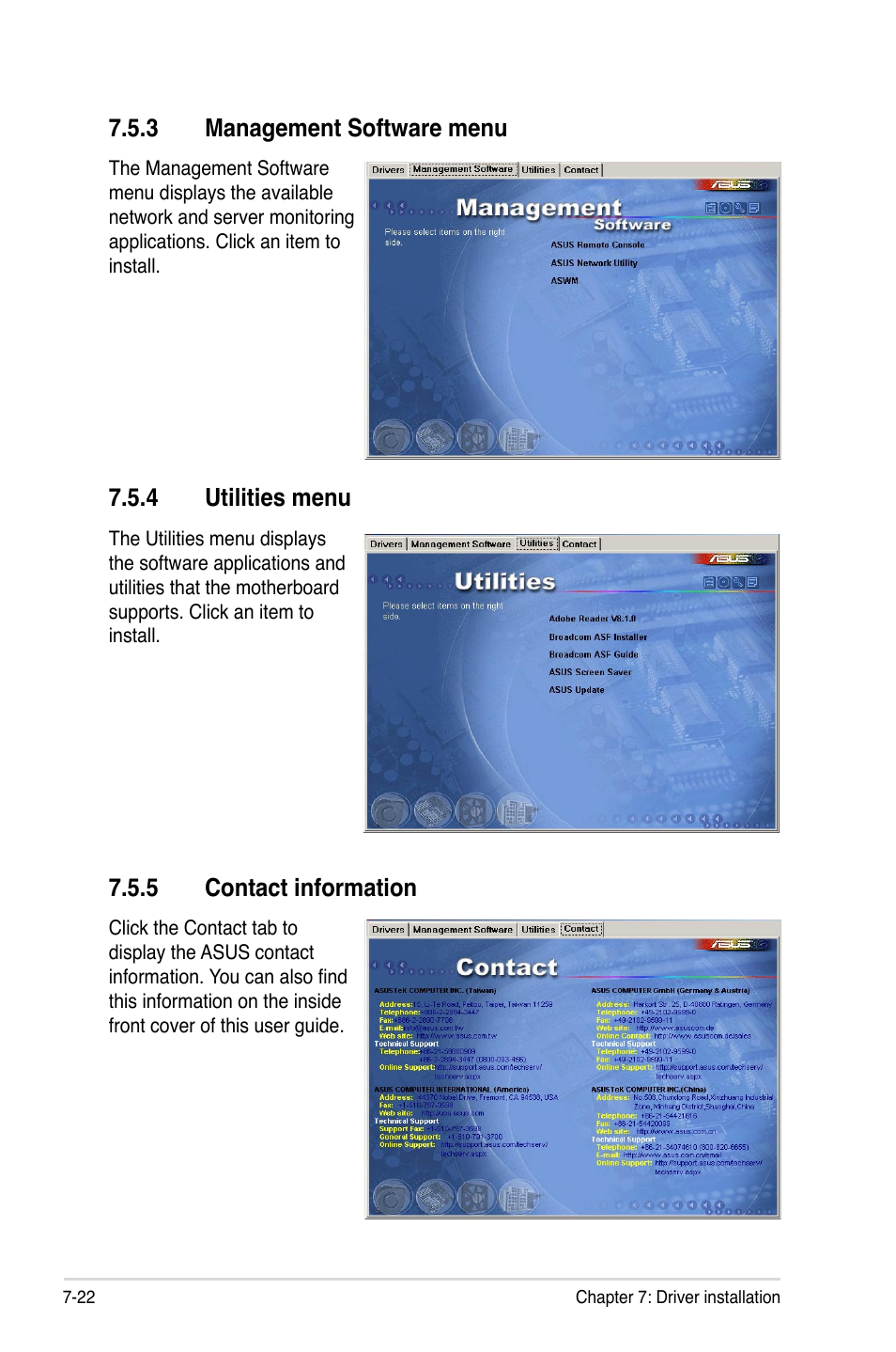 3 management software menu, 4 utilities menu, 5 contact information | Management software menu -22, Utilities menu -22, Contact information -22 | Asus Pedestal/5U Rackmount Server TS500-E5 User Manual | Page 164 / 164