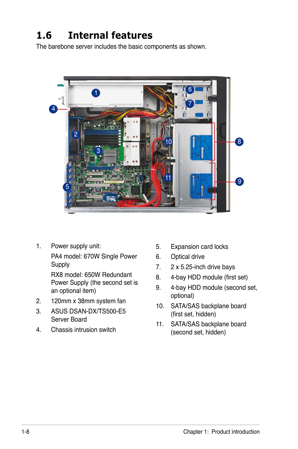 6 internal features, Internal features -8 | Asus Pedestal/5U Rackmount Server TS500-E5 User Manual | Page 18 / 164