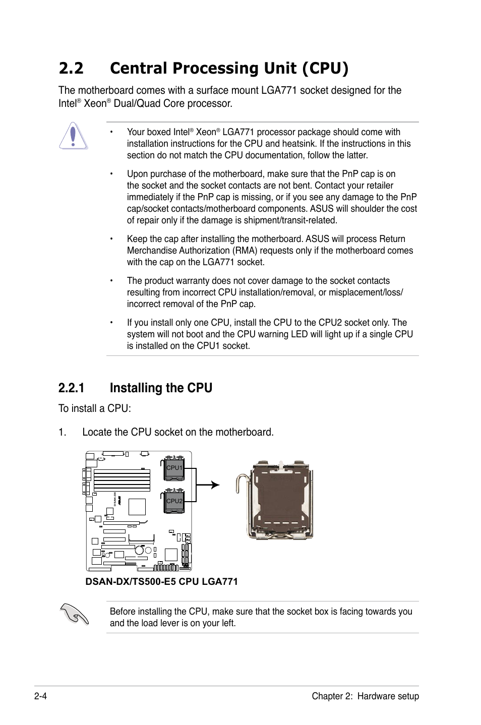 2 central processing unit (cpu), 1 installing the cpu, Central processing unit (cpu) -4 2.2.1 | Installing the cpu -4 | Asus Pedestal/5U Rackmount Server TS500-E5 User Manual | Page 24 / 164