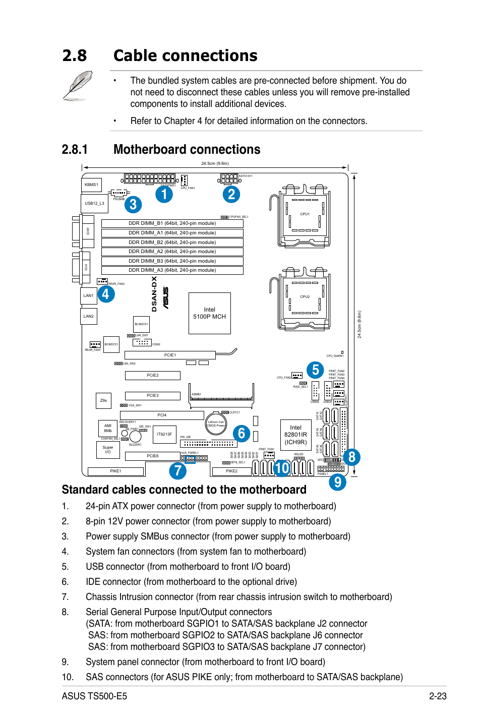 8 cable connections, 1 motherboard connections, Cable connections -23 2.8.1 | Motherboard connections -23, Standard cables connected to the motherboard | Asus Pedestal/5U Rackmount Server TS500-E5 User Manual | Page 43 / 164