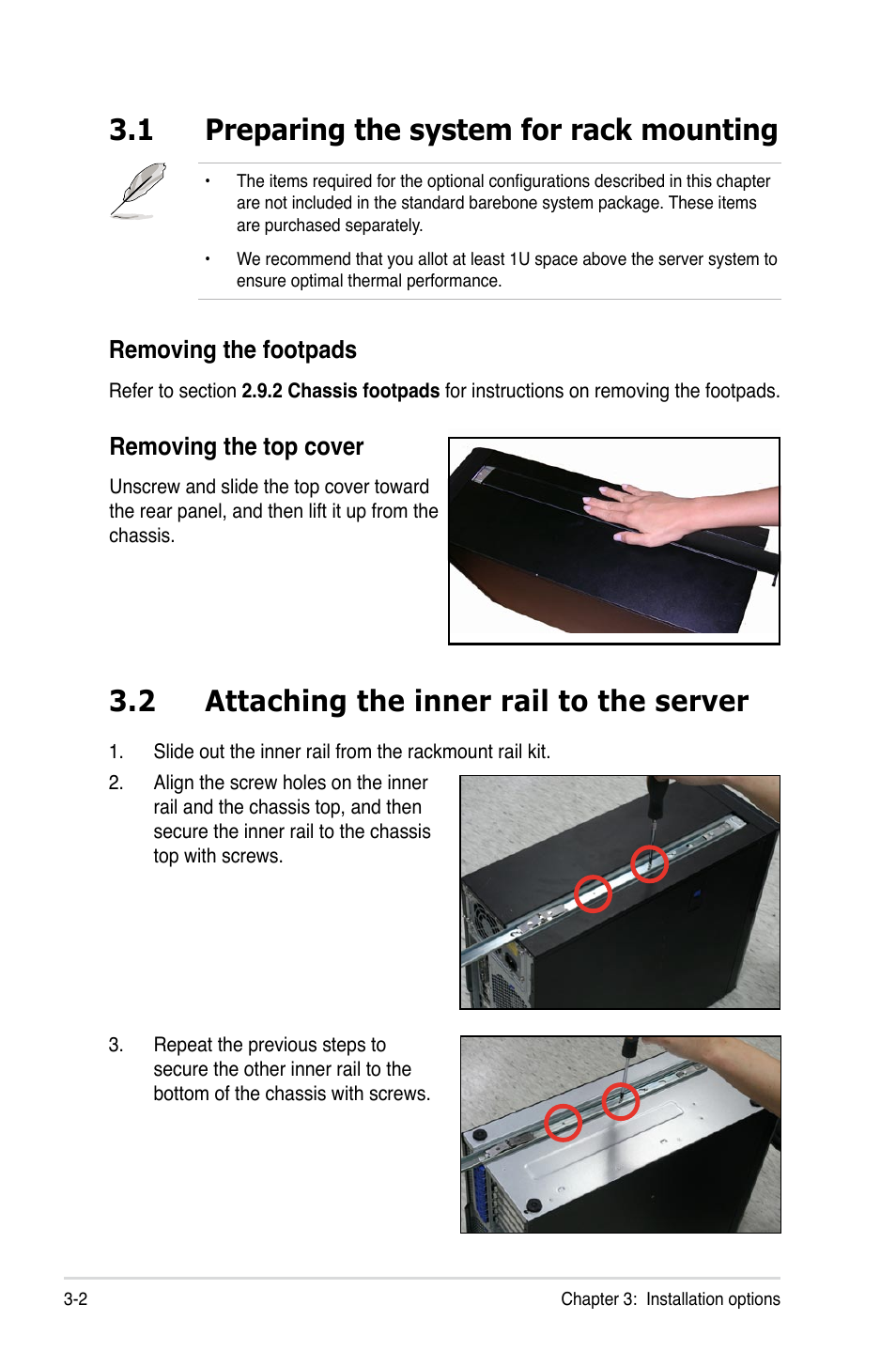 1 preparing the system for rack mounting, 2 attaching the inner rail to the server, Preparing the system for rack mounting -2 | Attaching the inner rail to the server -2, Removing the top cover, Removing the footpads | Asus Pedestal/5U Rackmount Server TS500-E5 User Manual | Page 52 / 164