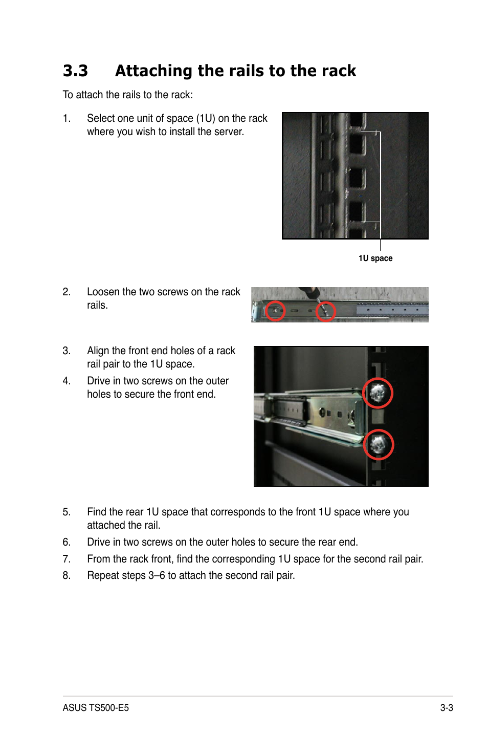 3 attaching the rails to the rack, Attaching the rails to the rack -3 | Asus Pedestal/5U Rackmount Server TS500-E5 User Manual | Page 53 / 164