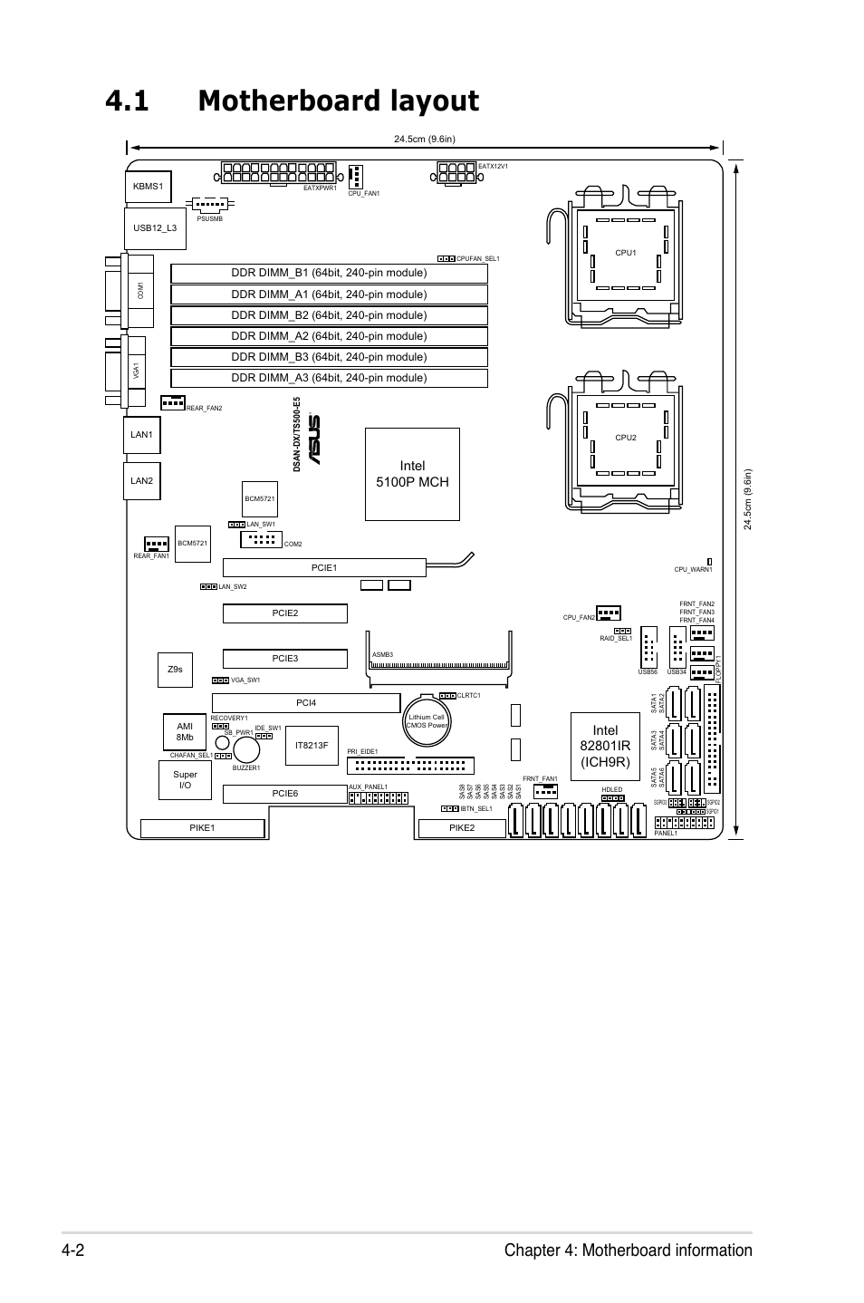 1 motherboard layout, Motherboard layout -2, Chapter 4: motherboard information 4-2 | Asus Pedestal/5U Rackmount Server TS500-E5 User Manual | Page 56 / 164