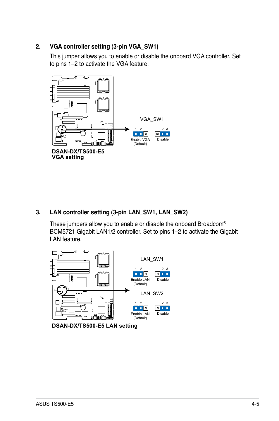 Dsan-dx/ts500-e5 vga setting, Dsan-dx/ts500-e5 lan setting, Vga_sw1 | Lan_sw2, Lan_sw1 | Asus Pedestal/5U Rackmount Server TS500-E5 User Manual | Page 59 / 164