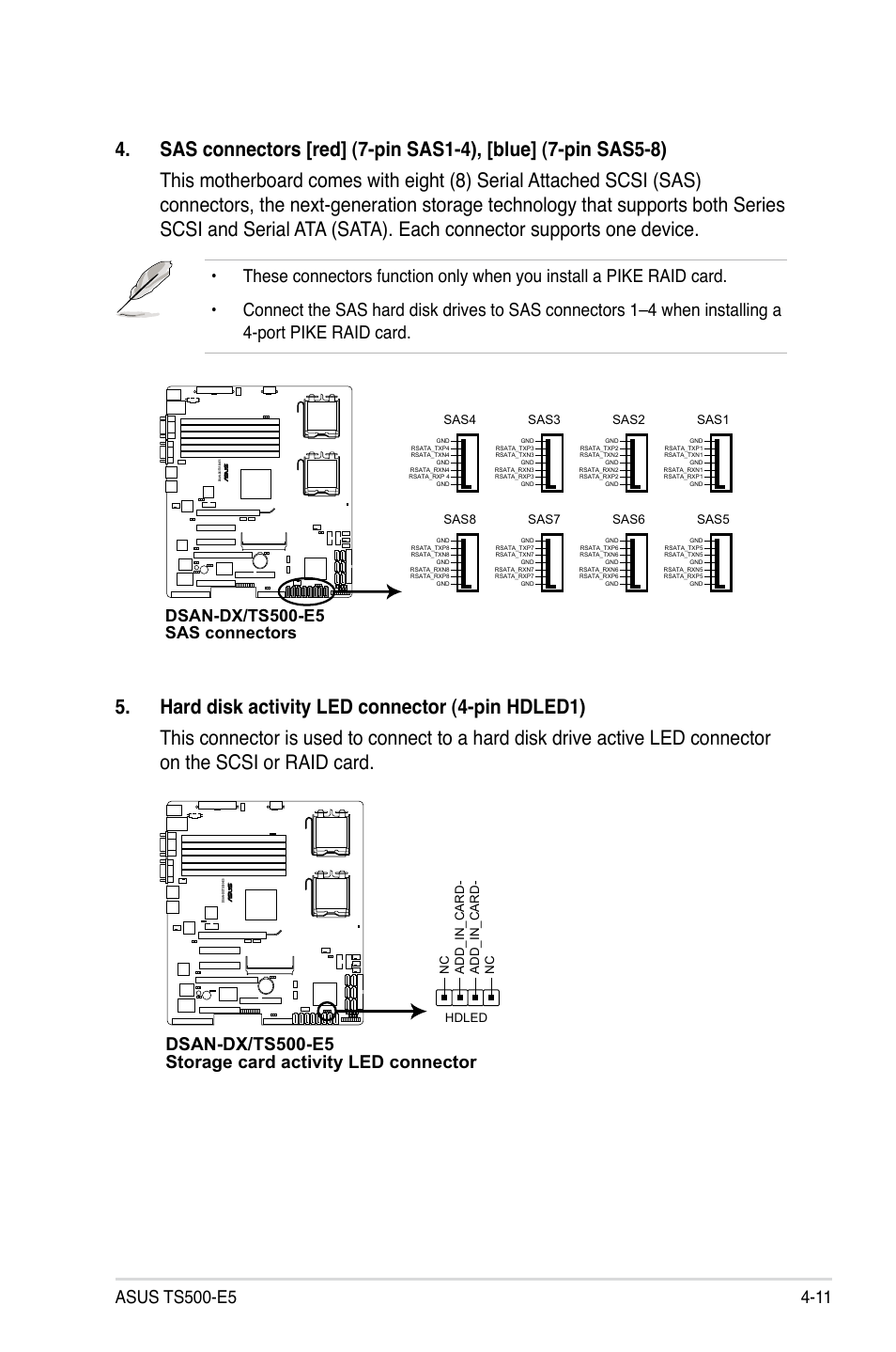 Dsan-dx/ts500-e5 sas connectors, Nc add_in_card- add_in_card- nc hdled, Sas4 | Sas3, Sas2, Sas1, Sas8, Sas7, Sas6, Sas5 | Asus Pedestal/5U Rackmount Server TS500-E5 User Manual | Page 65 / 164