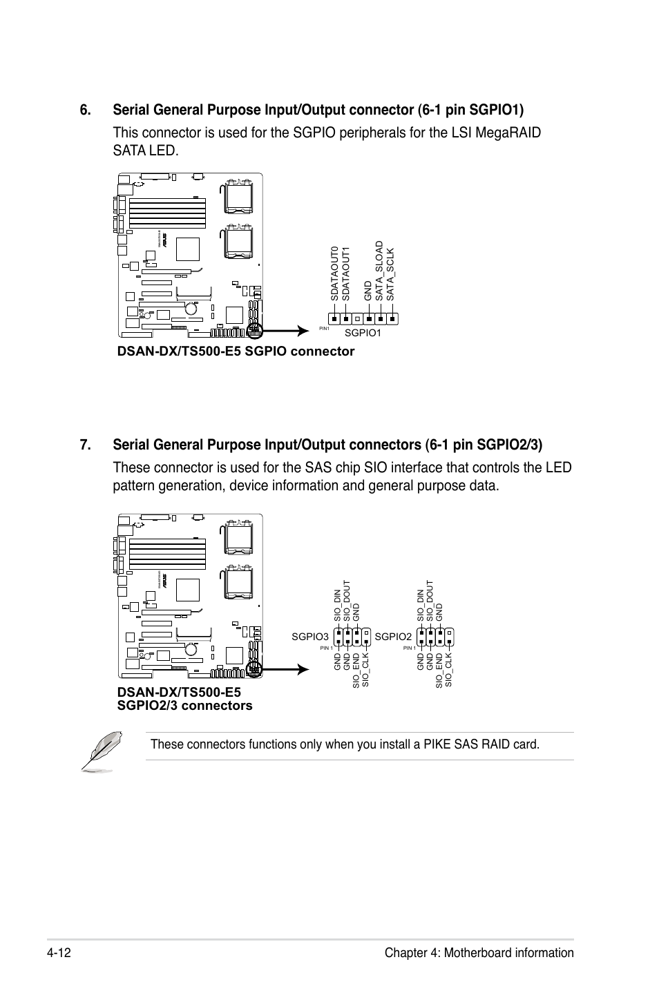 Chapter 4: motherboard information 4-12, Dsan-dx/ts500-e5 sgpio connector | Asus Pedestal/5U Rackmount Server TS500-E5 User Manual | Page 66 / 164