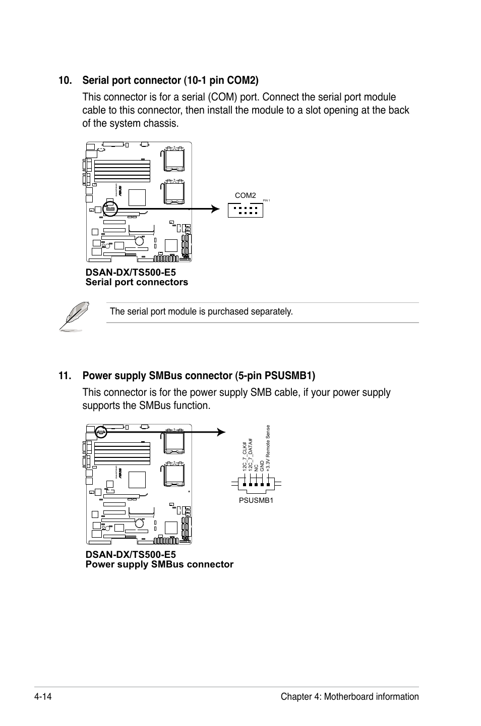 Chapter 4: motherboard information 4-14, The serial port module is purchased separately, Dsan-dx/ts500-e5 serial port connectors | Dsan-dx/ts500-e5 power supply smbus connector | Asus Pedestal/5U Rackmount Server TS500-E5 User Manual | Page 68 / 164