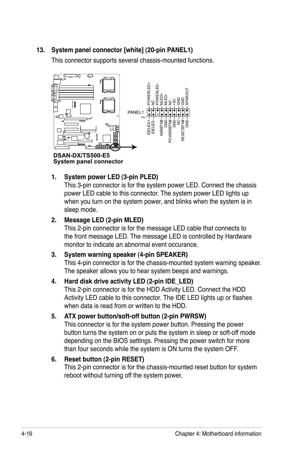 Chapter 4: motherboard information 4-16, Dsan-dx/ts500-e5 system panel connector | Asus Pedestal/5U Rackmount Server TS500-E5 User Manual | Page 70 / 164