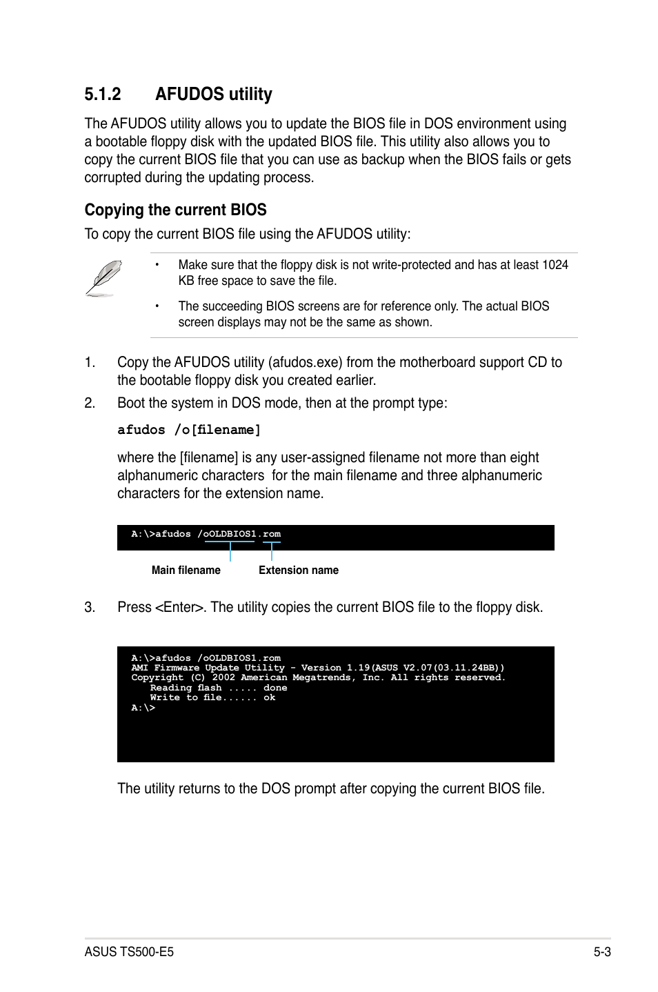 2 afudos utility, Afudos utility -3, Copying the current bios | Asus Pedestal/5U Rackmount Server TS500-E5 User Manual | Page 75 / 164