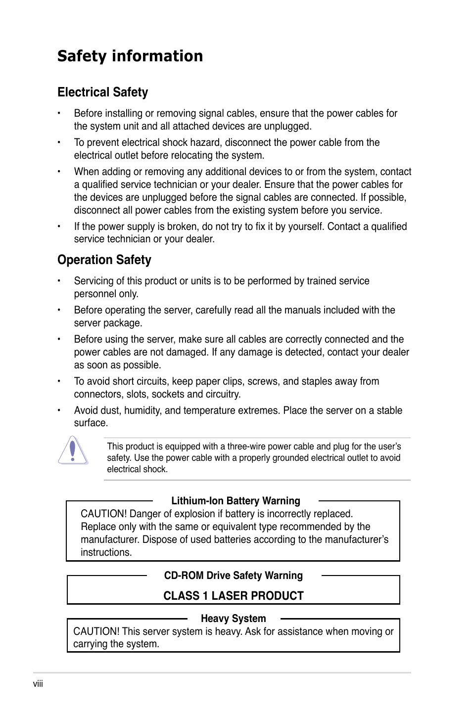 Safety information, Electrical safety, Operation safety | Asus Pedestal/5U Rackmount Server TS500-E5 User Manual | Page 8 / 164