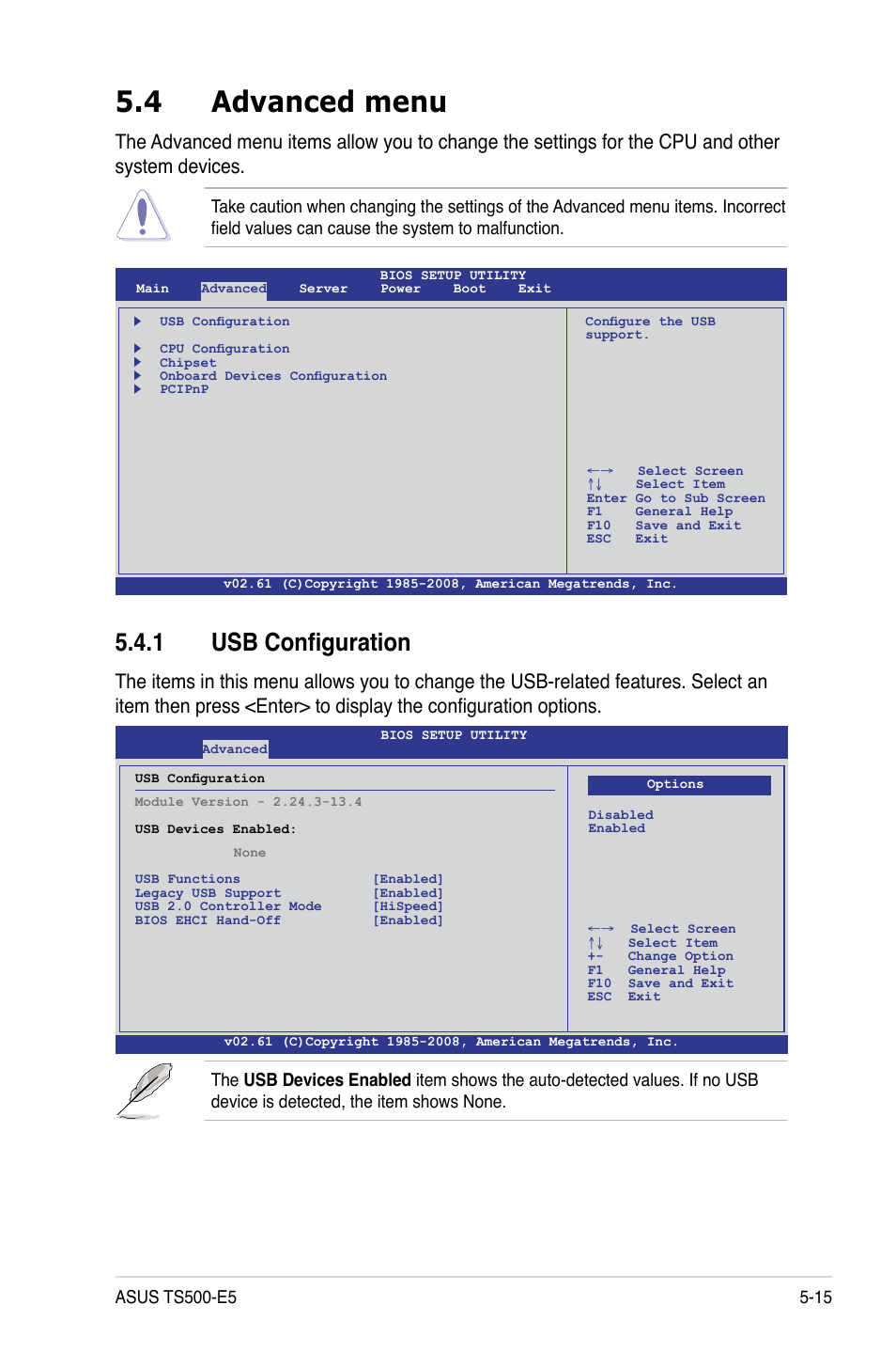 4 advanced menu, 1 usb configuration, Advanced menu -15 5.4.1 | Usb configuration -15 | Asus Pedestal/5U Rackmount Server TS500-E5 User Manual | Page 87 / 164