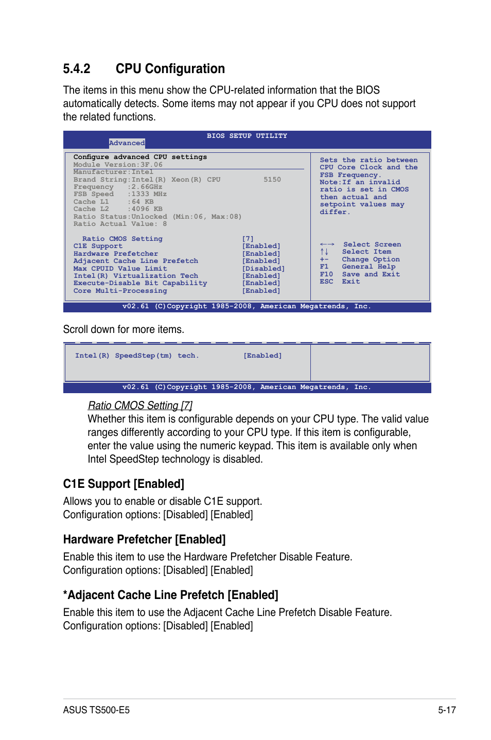 2 cpu configuration, Cpu configuration -17, C1e support [enabled | Hardware prefetcher [enabled, Adjacent cache line prefetch [enabled, Scroll down for more items | Asus Pedestal/5U Rackmount Server TS500-E5 User Manual | Page 89 / 164