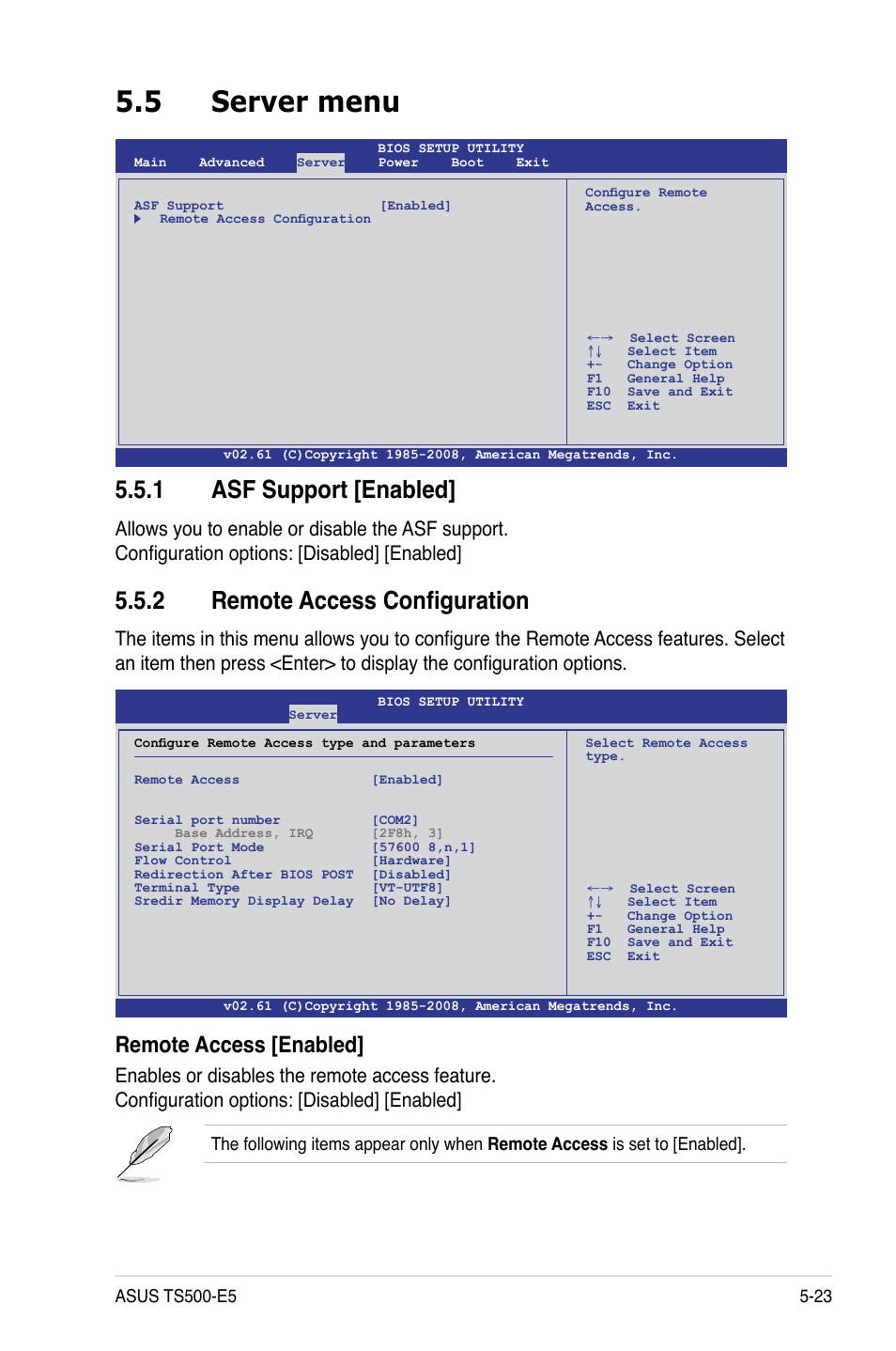 5 server menu, 1 asf support [enabled, 2 remote access configuration | Server menu -23 5.5.1, Asf support [enabled] -23, Remote access configuration -23, Remote access [enabled | Asus Pedestal/5U Rackmount Server TS500-E5 User Manual | Page 95 / 164