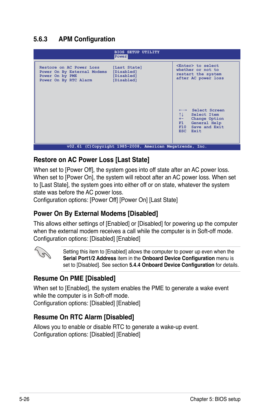 Restore on ac power loss [last state, Power on by external modems [disabled, Resume on pme [disabled | Resume on rtc alarm [disabled, 3 apm configuration | Asus Pedestal/5U Rackmount Server TS500-E5 User Manual | Page 98 / 164