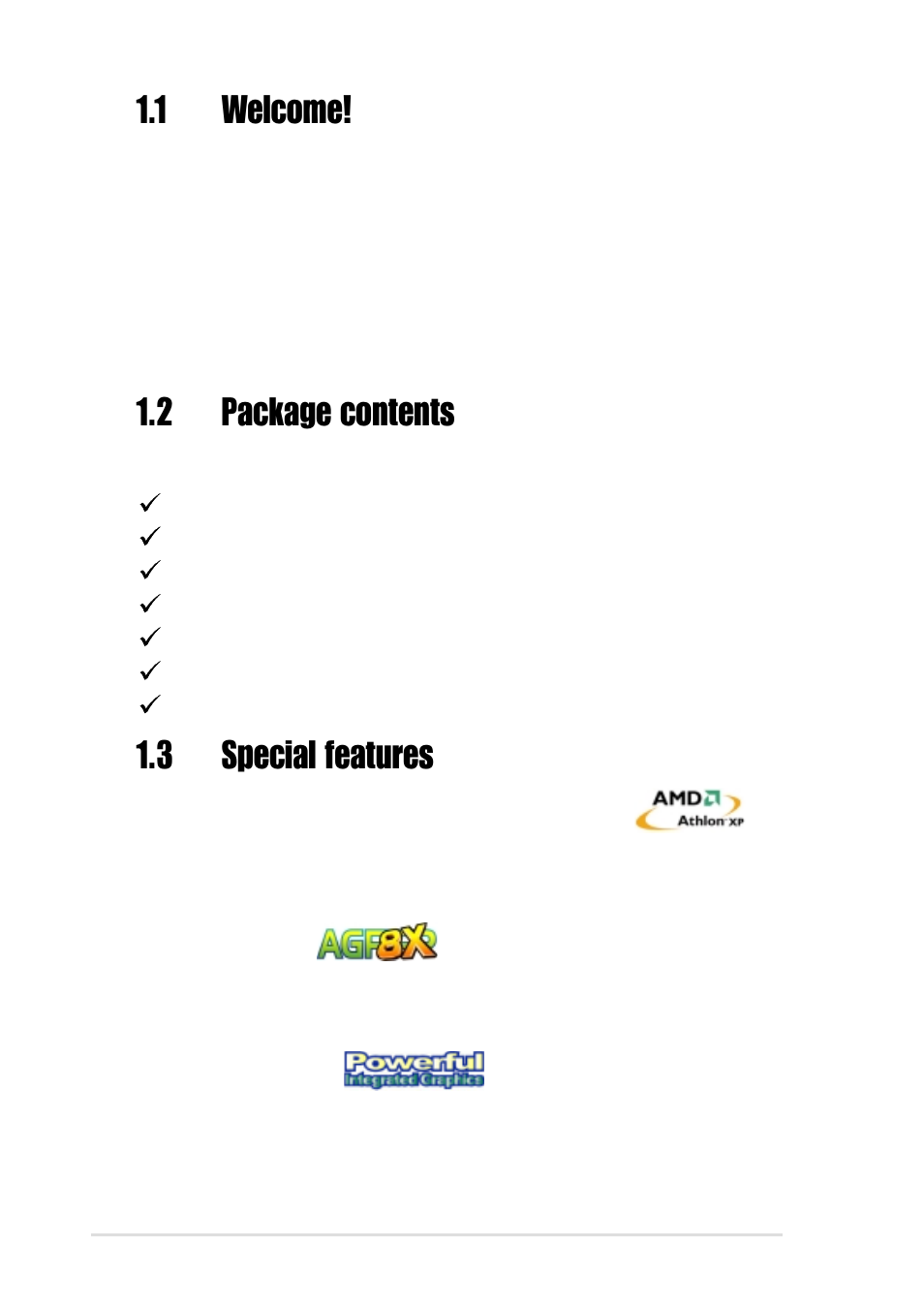 1 welcome, 2 package contents, 3 special features | Asus A7V8X-MXSE User Manual | Page 10 / 64