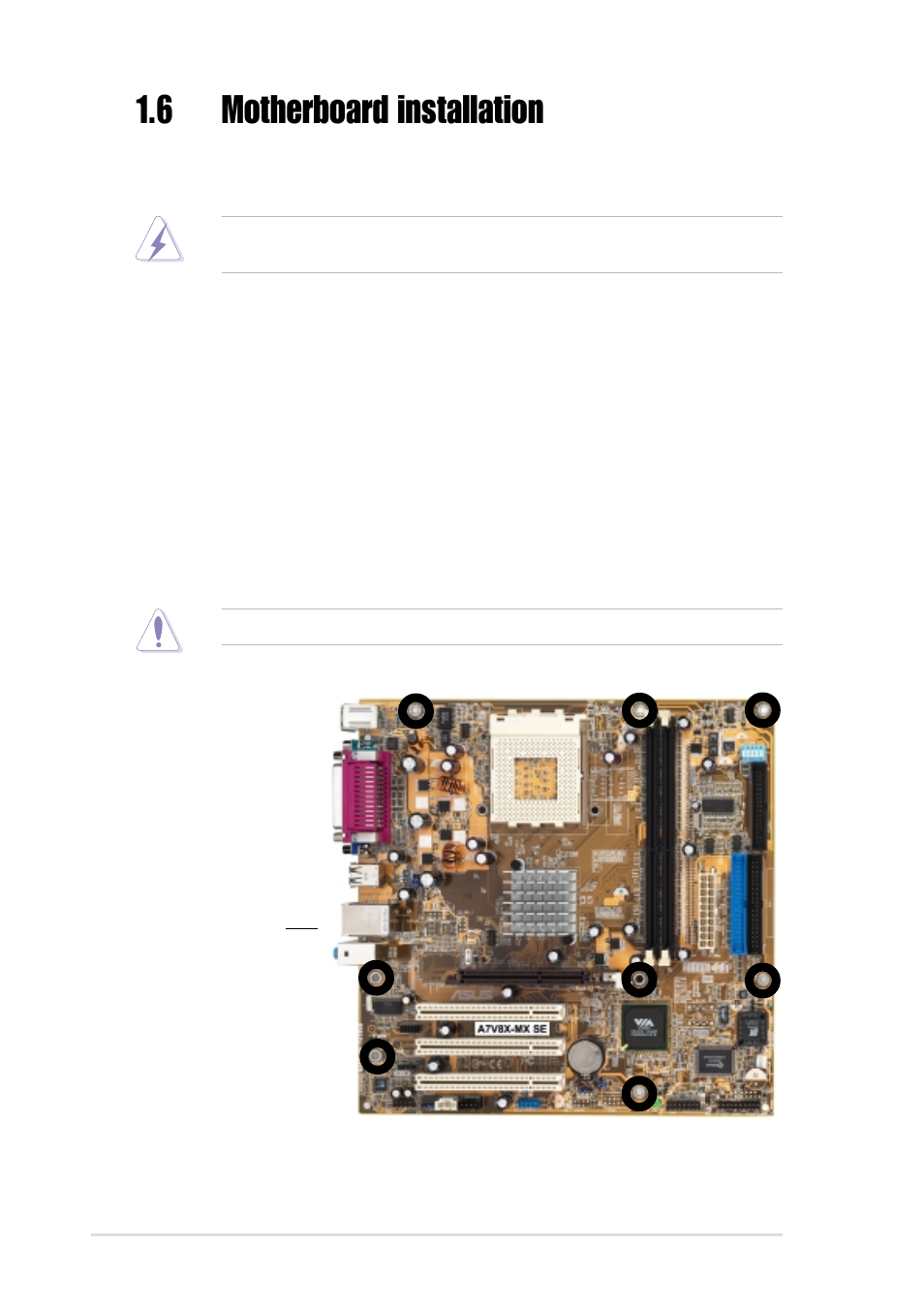 6 motherboard installation, 1 placement direction, 2 screw holes | Asus A7V8X-MXSE User Manual | Page 16 / 64