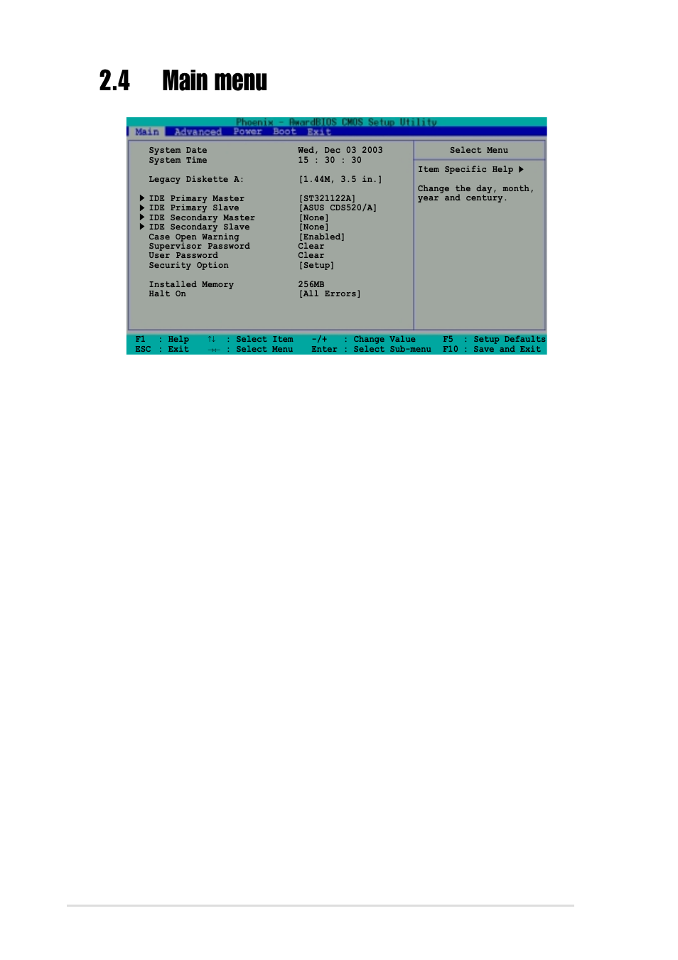 4 main menu, System date [day:mm:dd:yy, System time [hh:mm:ss | Case open warning [enabled, Supervisor password [clear] / user password [clear, 8 chapter 2: bios information | Asus A7V8X-MXSE User Manual | Page 38 / 64