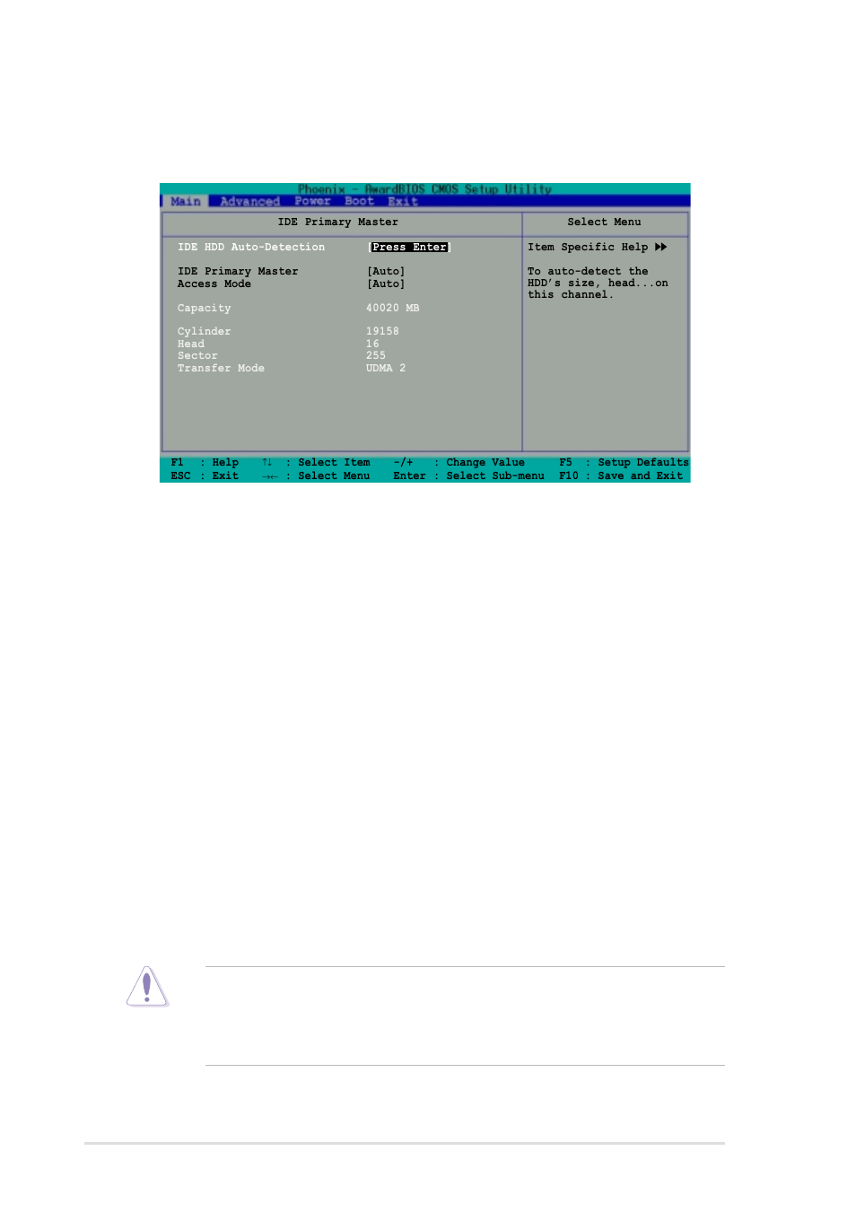 Ide hdd auto-detection [press enter, Access mode [auto, 10 chapter 2: bios information | Asus A7V8X-MXSE User Manual | Page 40 / 64