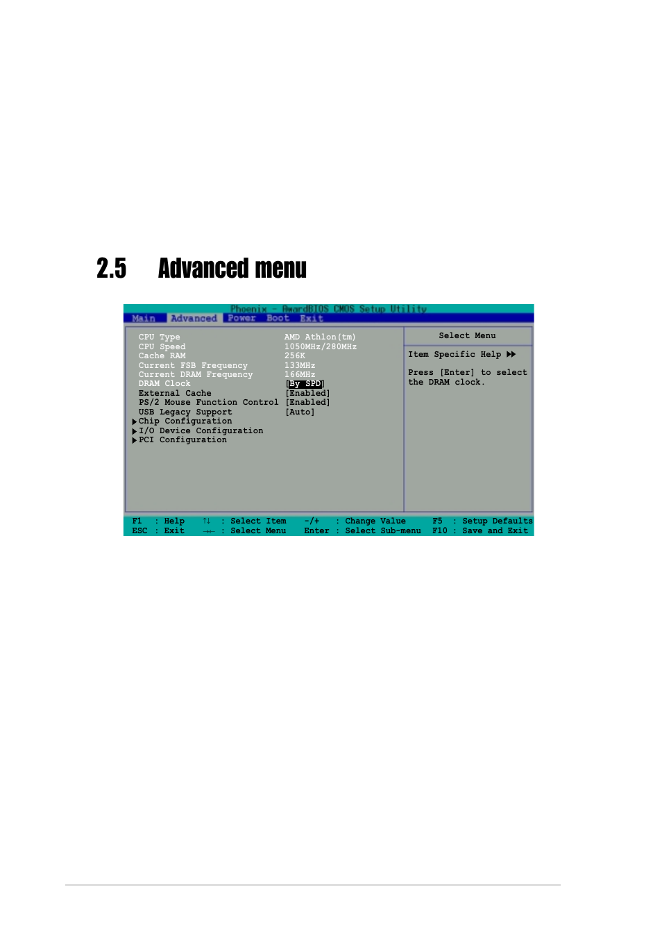 5 advanced menu, Transfer mode, Sector | Dram clock [by spd, External cache [enabled, Ps/2 mouse function control [enabled, 12 chapter 2: bios information | Asus A7V8X-MXSE User Manual | Page 42 / 64